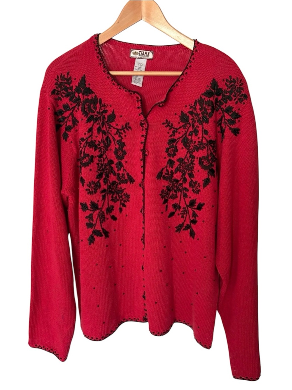 Tiara International Red Sweater Top with Black Beaded Embellishment Holiday XL